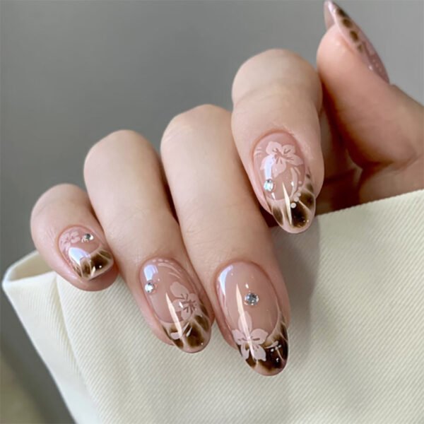 O1CN01MTl1Zi2NGI07poTfe_!!4234819935-0-cib JP4021-Elegant French Brown Crackle Almond Nails with Pink Flowers & Diamonds | Reusable Waterproof Press-On Nails for Salon-Quality Manicures at Home