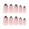 JP4021-Elegant French Brown Crackle Almond Nails with Pink Flowers & Diamonds | Reusable Waterproof Press-On Nails for Salon-Quality Manicures at Home