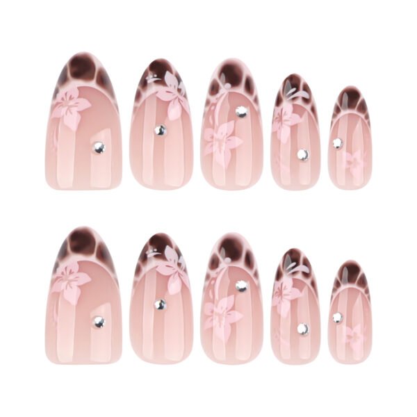 O1CN01RjQWe42NGI07qNmJt_!!4234819935-0-cib JP4021-Elegant French Brown Crackle Almond Nails with Pink Flowers & Diamonds | Reusable Waterproof Press-On Nails for Salon-Quality Manicures at Home