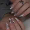 JP3987-Cat Eye French Press On Nails with 3D Silver Stars - Short Almond Fake Nails Reusable & Waterproof Manicure Set
