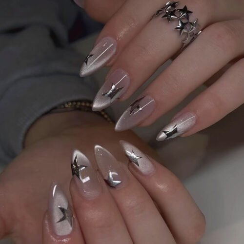 JP3987-Cat Eye French Press On Nails with 3D Silver Stars - Short Almond Fake Nails Reusable & Waterproof Manicure Set