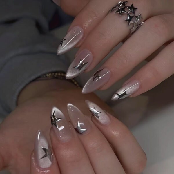 O1CN01UnxrQV2NGI02RMcUE_!!4234819935-0-cib JP3987-Cat Eye French Press On Nails with 3D Silver Stars - Short Almond Fake Nails Reusable & Waterproof Manicure Set