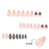 JP4043-Elegant French Press on Nails with Black Floral Design, 3D Silver Lines & Pearl Accents - Reusable Almond Short Fake Nails for Women