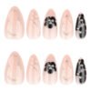 JP4043-Elegant French Press on Nails with Black Floral Design, 3D Silver Lines & Pearl Accents - Reusable Almond Short Fake Nails for Women