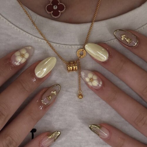 JP4038-Luxury 3D Gold Floral French Press On Nails Reusable Almond Fake Nails with Rose Design for Wedding Party Elegance