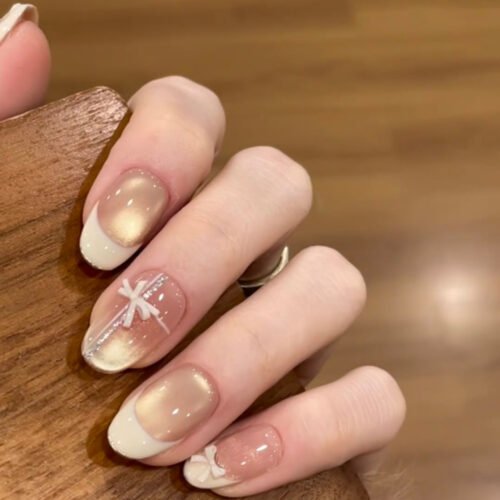 JL0669-Cat Eye Press On Nails Short Oval Glitter French Manicure White Tip Reusable Fake Nails Ins Style Easy Apply Salon Look