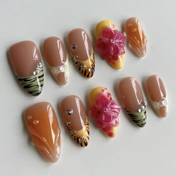 O1CN01qxlEh42NGI08VlKuL_!!4234819935-0-cib JP4047-Effortless Elegance: Reusable French Almond Nails with 3D Flowers, Pearls & Sparkling Gems for Salon-Quality Manicures at Home