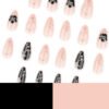 JP4043-Elegant French Press on Nails with Black Floral Design, 3D Silver Lines & Pearl Accents - Reusable Almond Short Fake Nails for Women