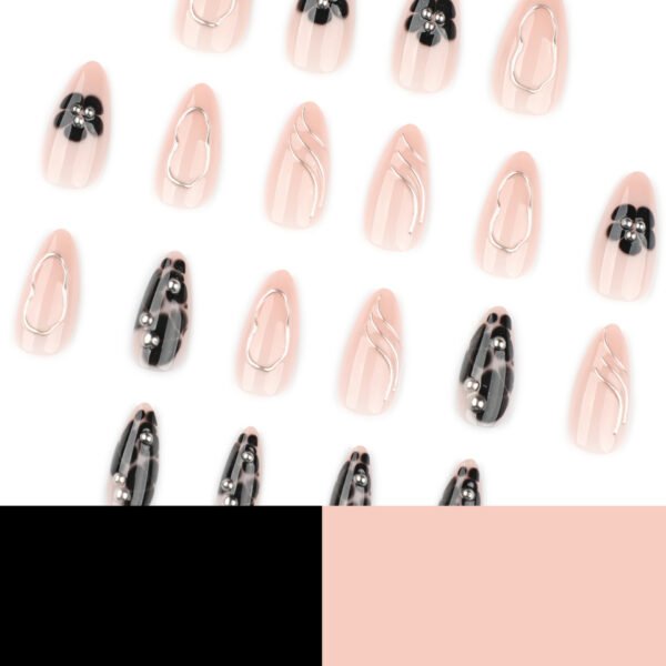 O1CN01rVjMU82NGI05xc2HT_!!4234819935-0-cib JP4043-Elegant French Press on Nails with Black Floral Design, 3D Silver Lines & Pearl Accents - Reusable Almond Short Fake Nails for Women