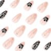JP4043-Elegant French Press on Nails with Black Floral Design, 3D Silver Lines & Pearl Accents - Reusable Almond Short Fake Nails for Women